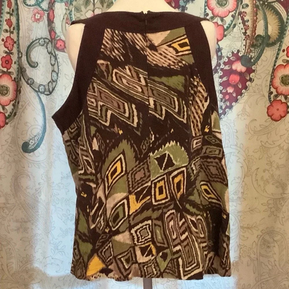 NWOT Notations Geometric Patterned Tank Top Stoned Beaded Brown Green Size XL